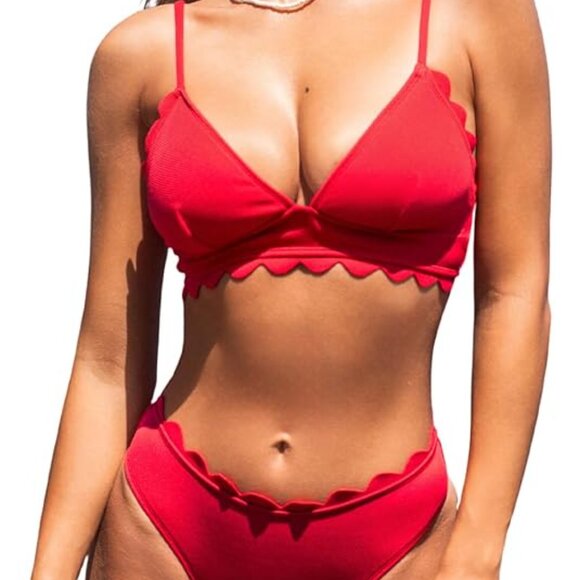 NWT Size Large CUPSHE Women's Bikini Swimsuit Scalloped V Neck Lace Up Low Waist - Picture 3 of 4